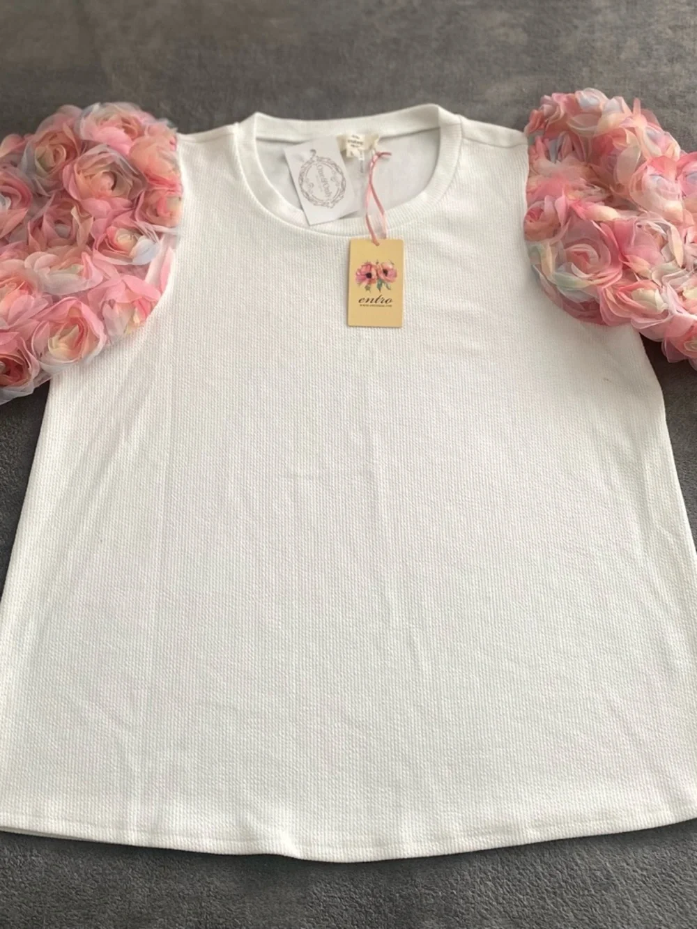 Entro White Textured Top Pink Floral Puff Sleeves Size L NWT - Picture 13 of 14